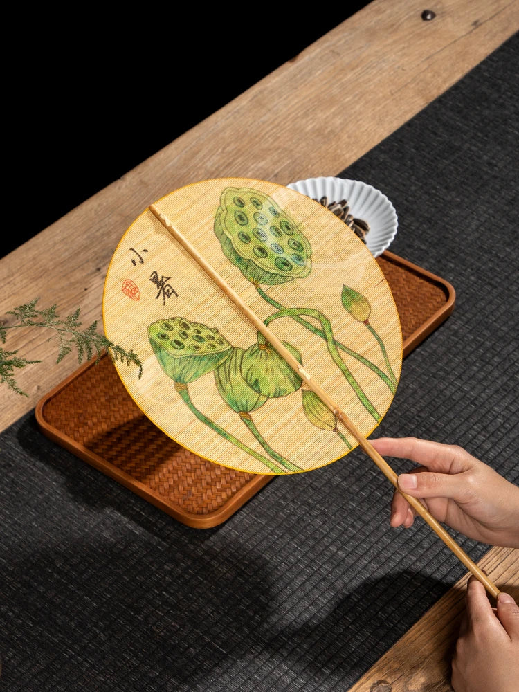 Handmade Bamboo and Silk Round Fan with Japanese & Chinese Art