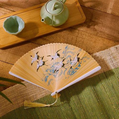 18cm Chinese style retro style all bamboo crane dark green big red bronzing folding fan portable cheongsam dance fan