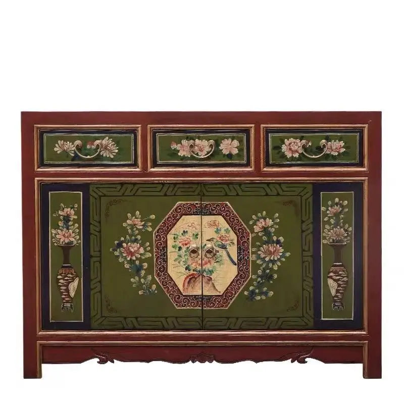 Hand-Painted Ming–Qing Style Entrance Cabinet – Solid Wood Two-Door Sideboard