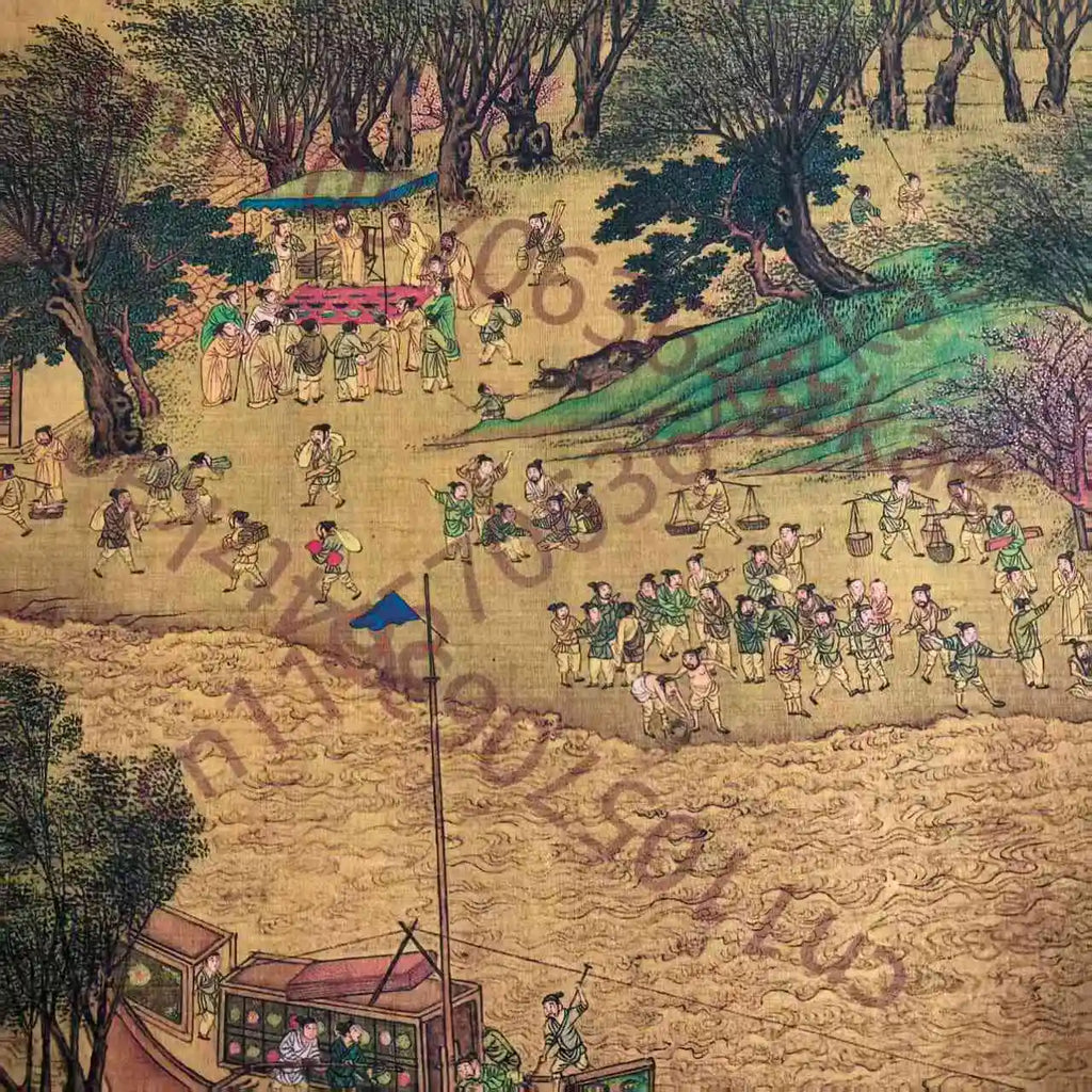 Chinese Old Picture Paper "Riverside Scene at Qingming Festival" Long Scroll Painting