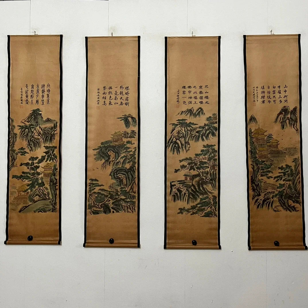 Chinese rice paper living room scroll painting four screens wall decoration hanging picture Wang Yun building