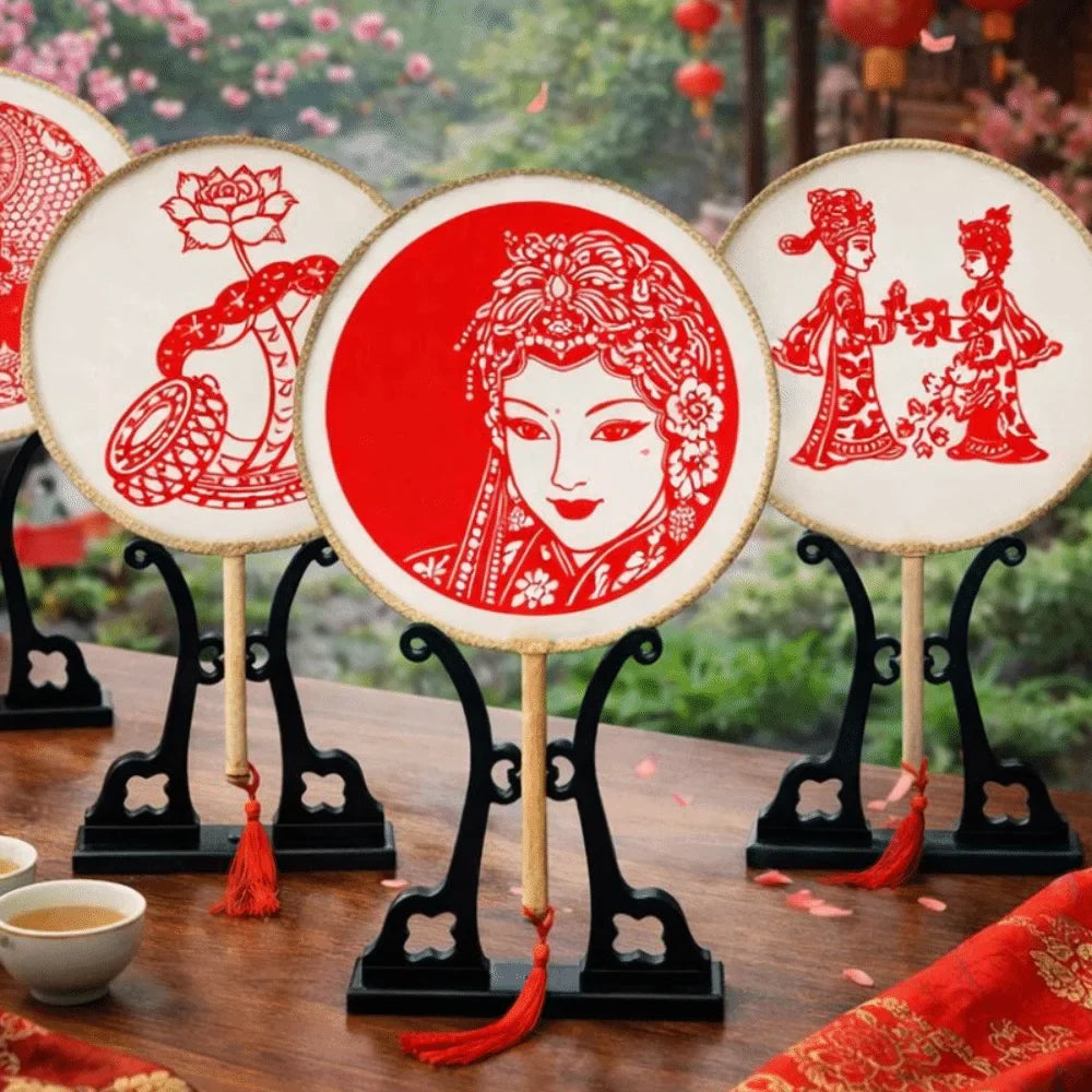 Chinese Paper-Cut Bamboo Silk Handheld Fan with Tassel
