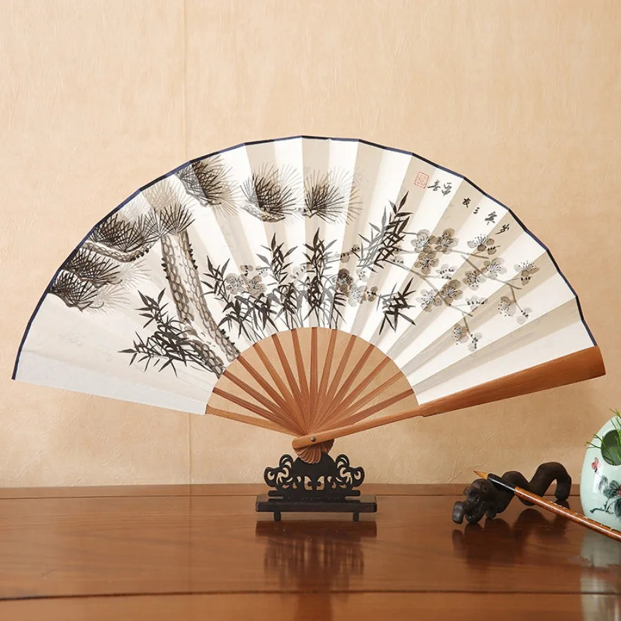 1Pcs Chinese Style Retro Folding Silk Fan Decorative Men Pocket Bamboo Handle Hand Held Fan Party Favors Home Decoration Crafts