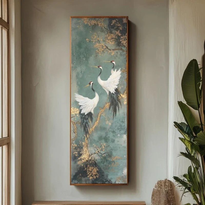 Japanese Style Golden Crane Decorative Poster, Luxury Canvas Painting Vertical Frameless Mural for Entrance Hallway