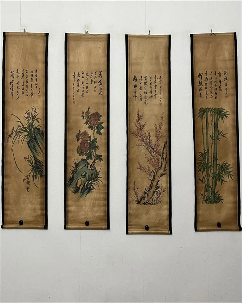 China Old Scroll Painting, Four Screen Paintings, Middle Hall Hanging Painting, n the year of Jiawu, Bai Shi Mei Lan