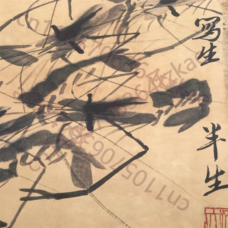 Qi Baishi Chinese Old Scroll Artist's Eight Shrimp Diagram Rice Paper Wall Painting Slice Traditional Oriental Art Decor