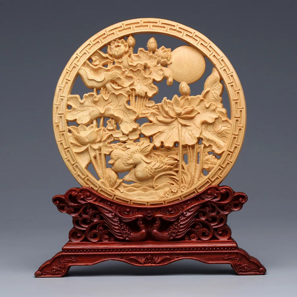 Wood Carving Dragon and Phoenix Round Carving Art Statue High Quality