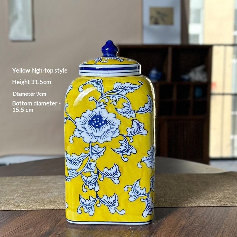 New Chinese‑Style Imperial Yellow Square Storage Jar
