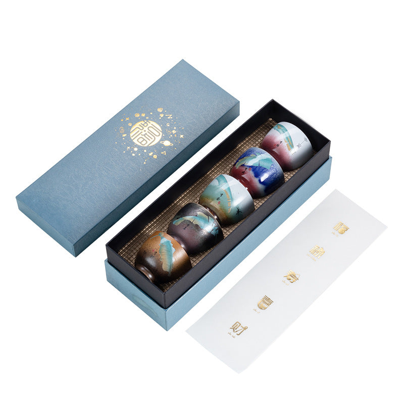 Chinese Kiln Ceramic Set of Five Cups in Gift Packaging