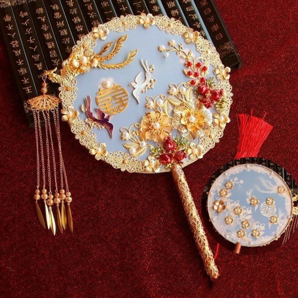 Traditional Chinese Style Bride Group Fan Handmade Flower Decorative Fan Xiuhe Fan Vintage Hanfu Fan Dance Performance