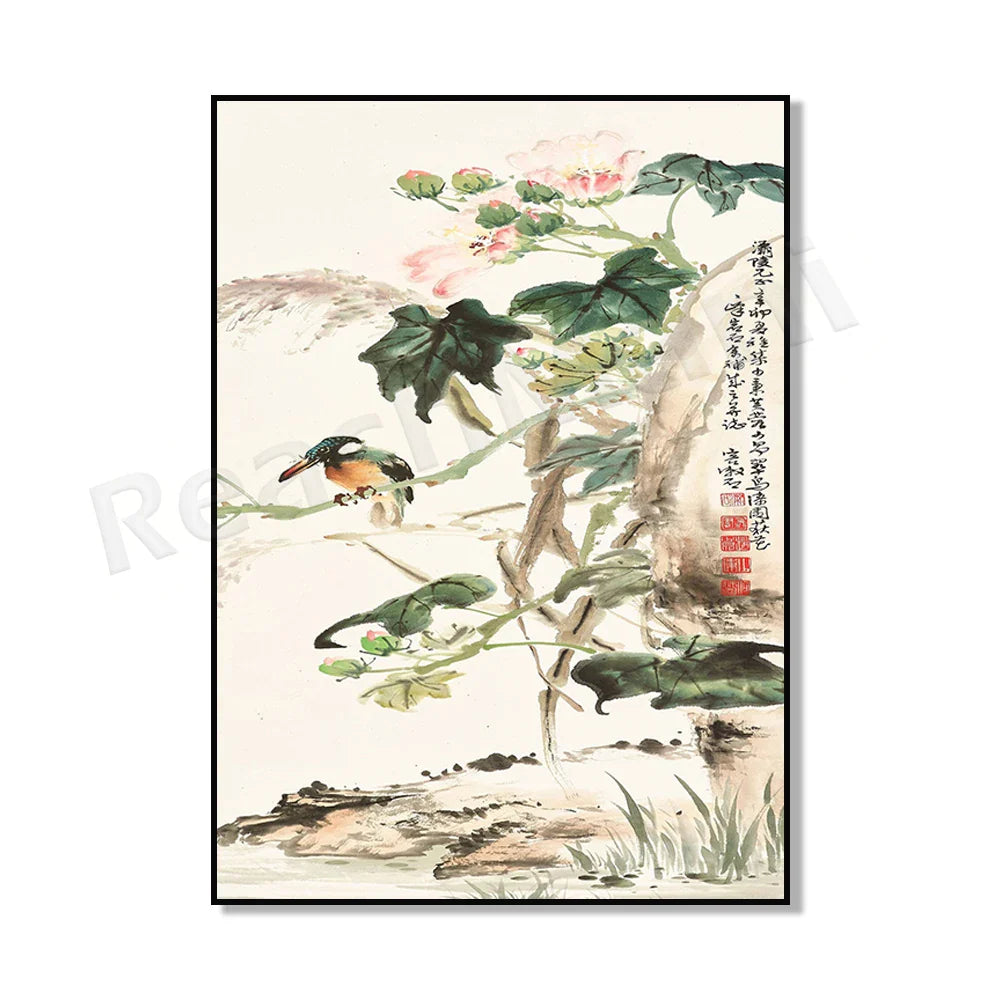 Vintage Chinese Painting Framed Poster – Minimalist Wall Art