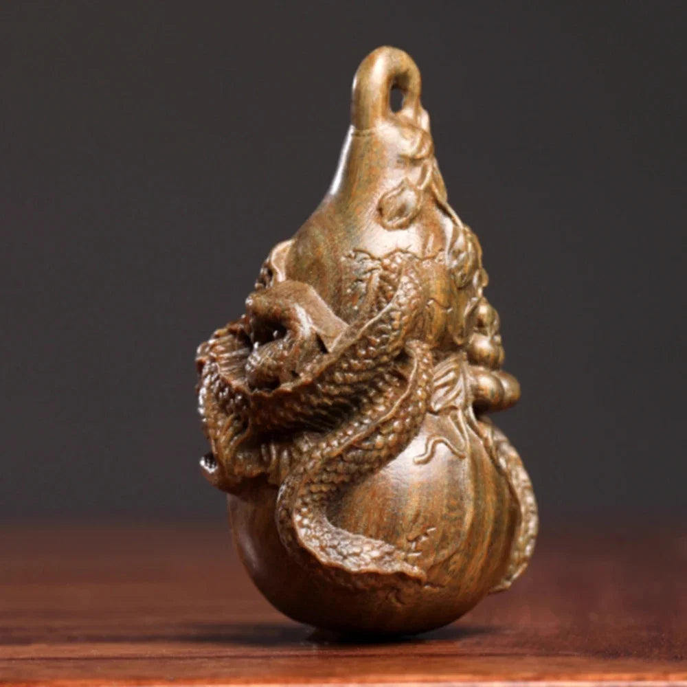 2.7" Green Sandalwood Netsuke – Hand-Carved Baby Dragon on Gourd