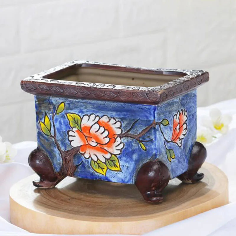 Korean-Style Hand-Painted Floral Ceramic Pot – Succulent & Bonsai Planter
