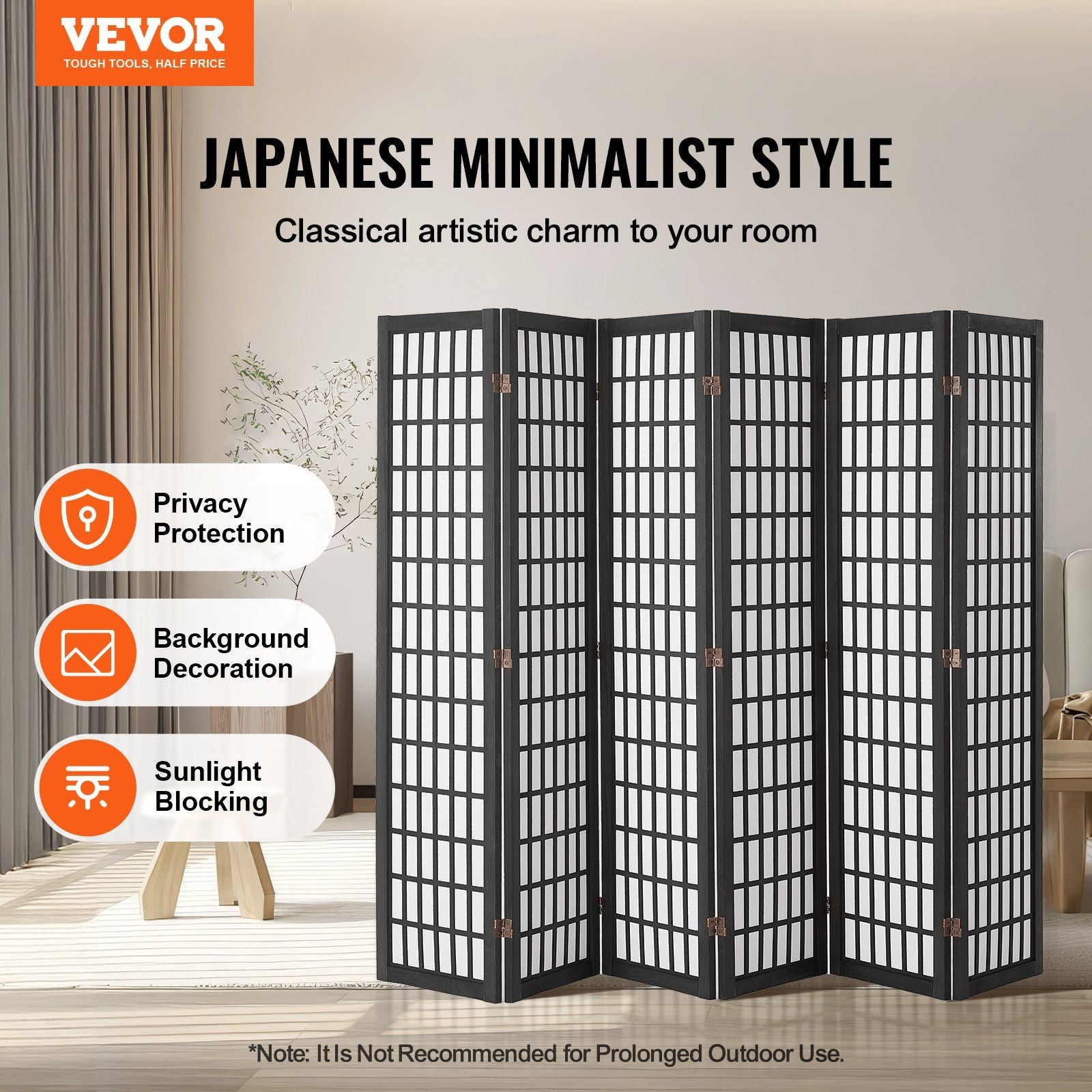 Black 6-Panel Japanese Folding Room Divider & Privacy Screen for Homes & Offices