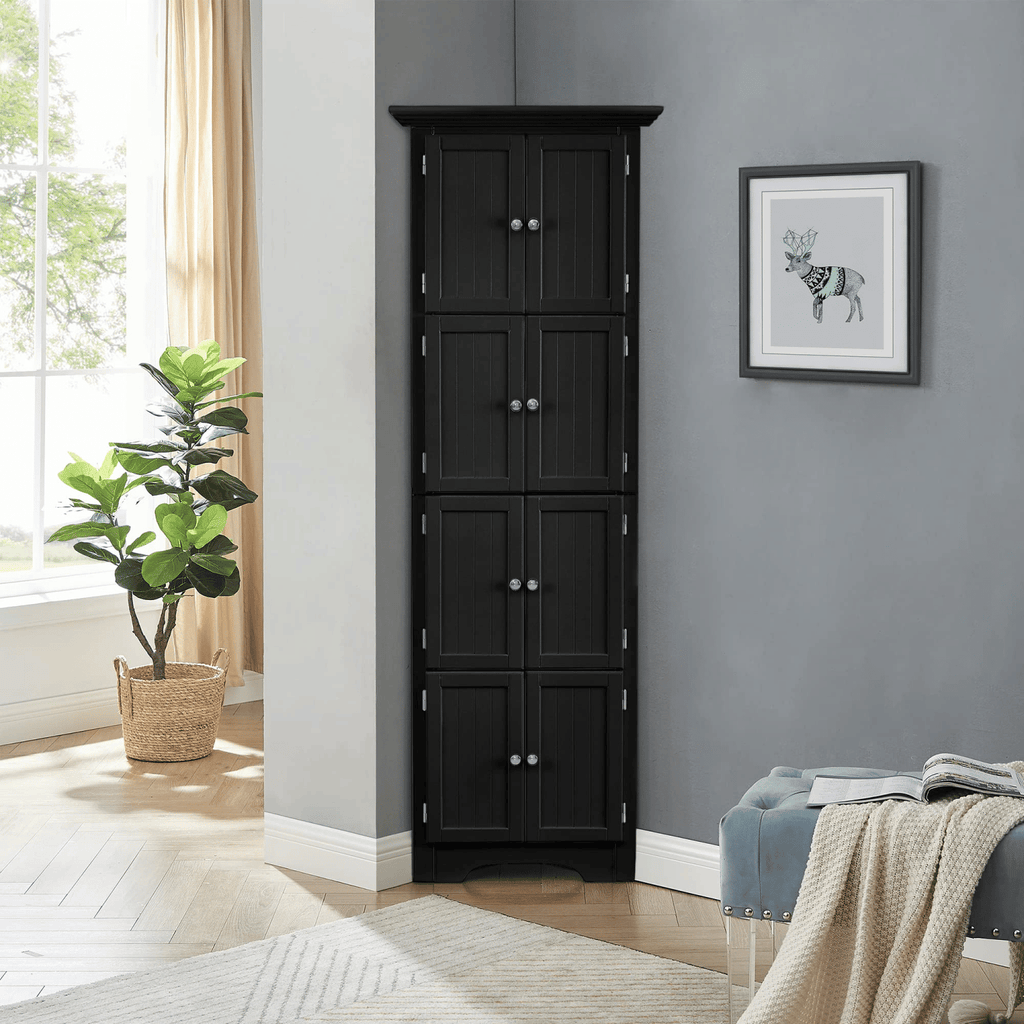 Tall Cabinet with Doors and 4 Shelves for Living Room, Kitchen, Office, Bedroom, Bathroom, Modern, Black