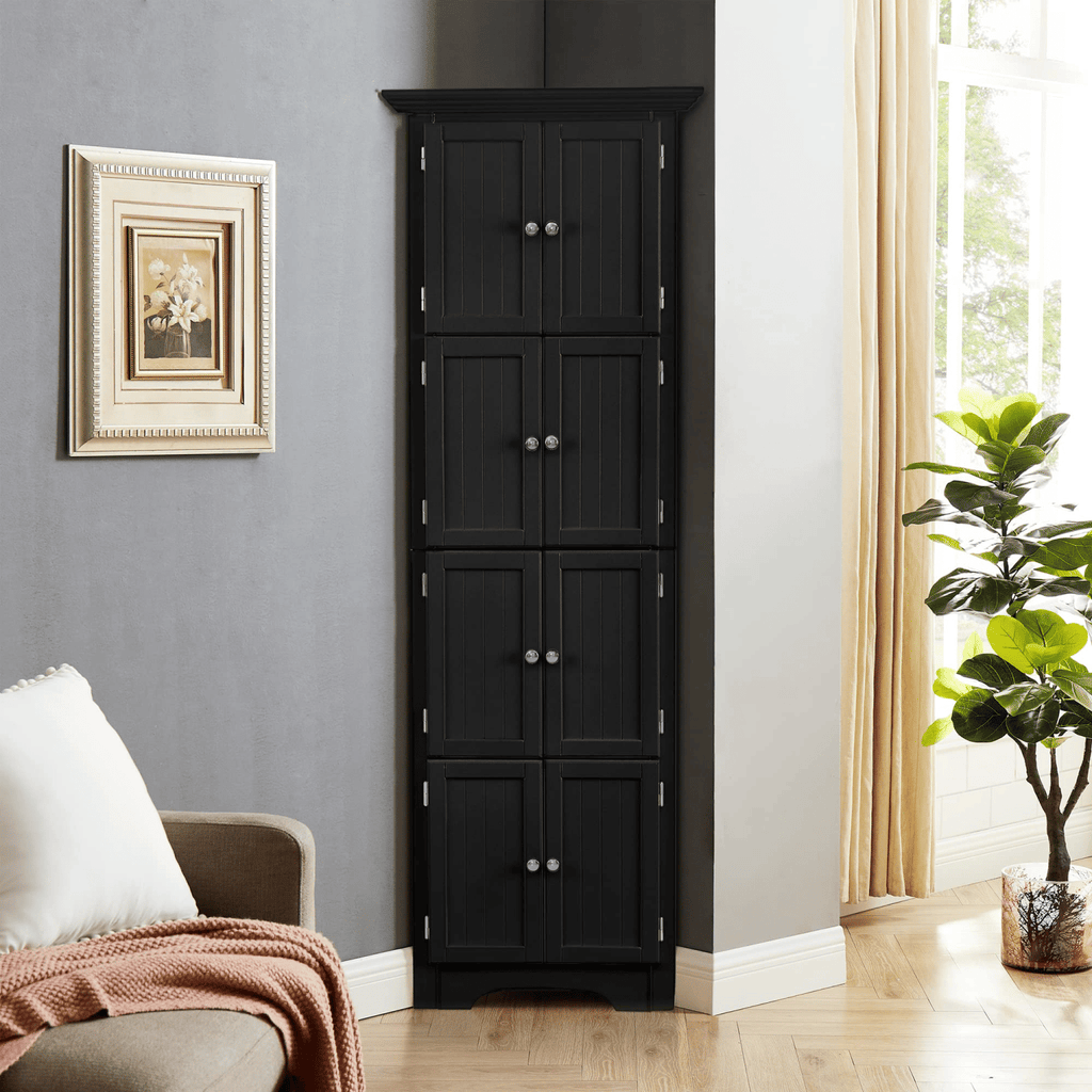 Tall Cabinet with Doors and 4 Shelves for Living Room, Kitchen, Office, Bedroom, Bathroom, Modern, Black