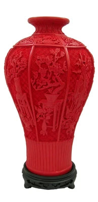 12" Chinese Red Lacquerware Auspicious Motif Vase