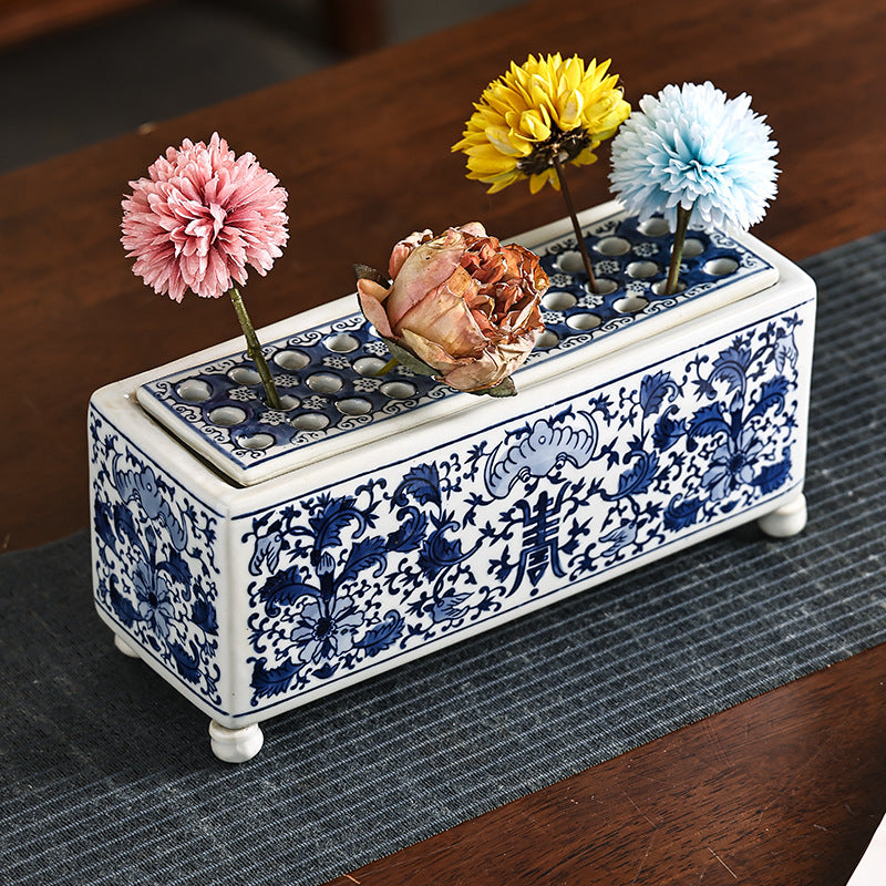 Blue and White Ceramic Bud Vase or Incense Holder
