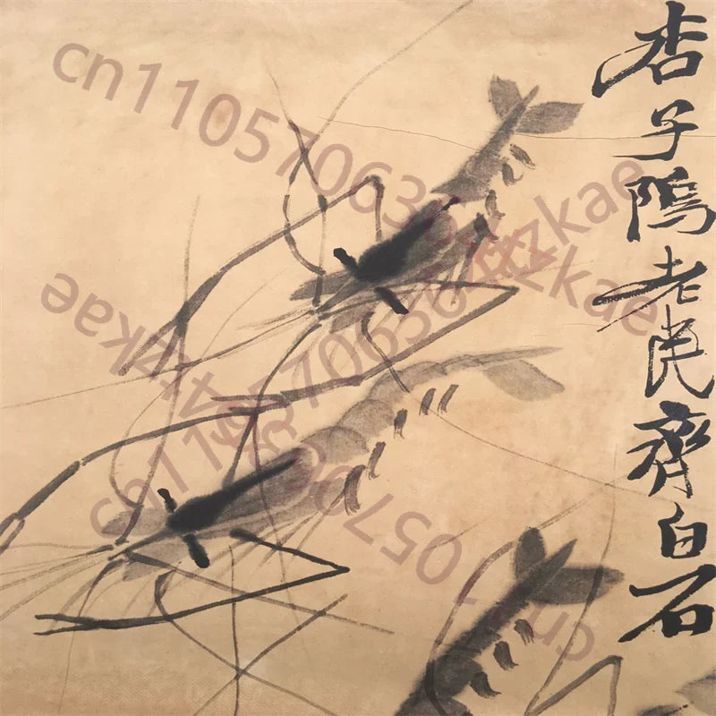 Qi Baishi Chinese Old Scroll Artist's Eight Shrimp Diagram Rice Paper Wall Painting Slice Traditional Oriental Art Decor