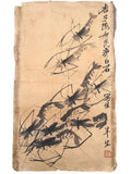 Qi Baishi Chinese Old Scroll Artist's Eight Shrimp Diagram Rice Paper Wall Painting Slice Traditional Oriental Art Decor