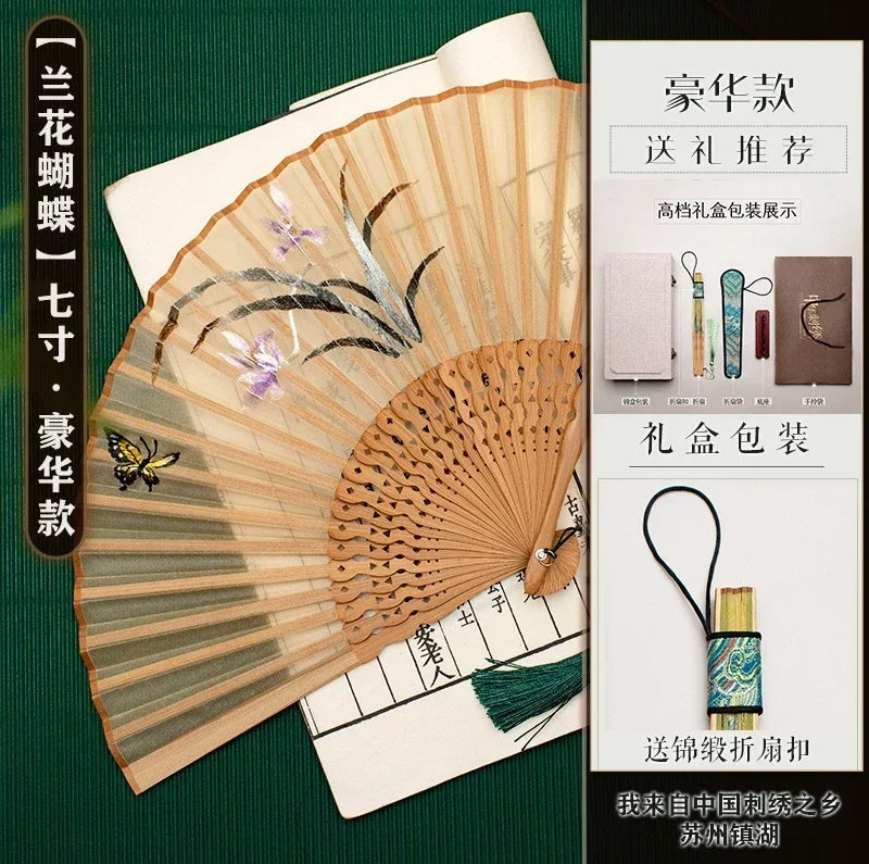 Chinese Embroidery Style Bamboo Folding Fan, Embroidery Female Silk Fan, Silk Fan Chinese Style