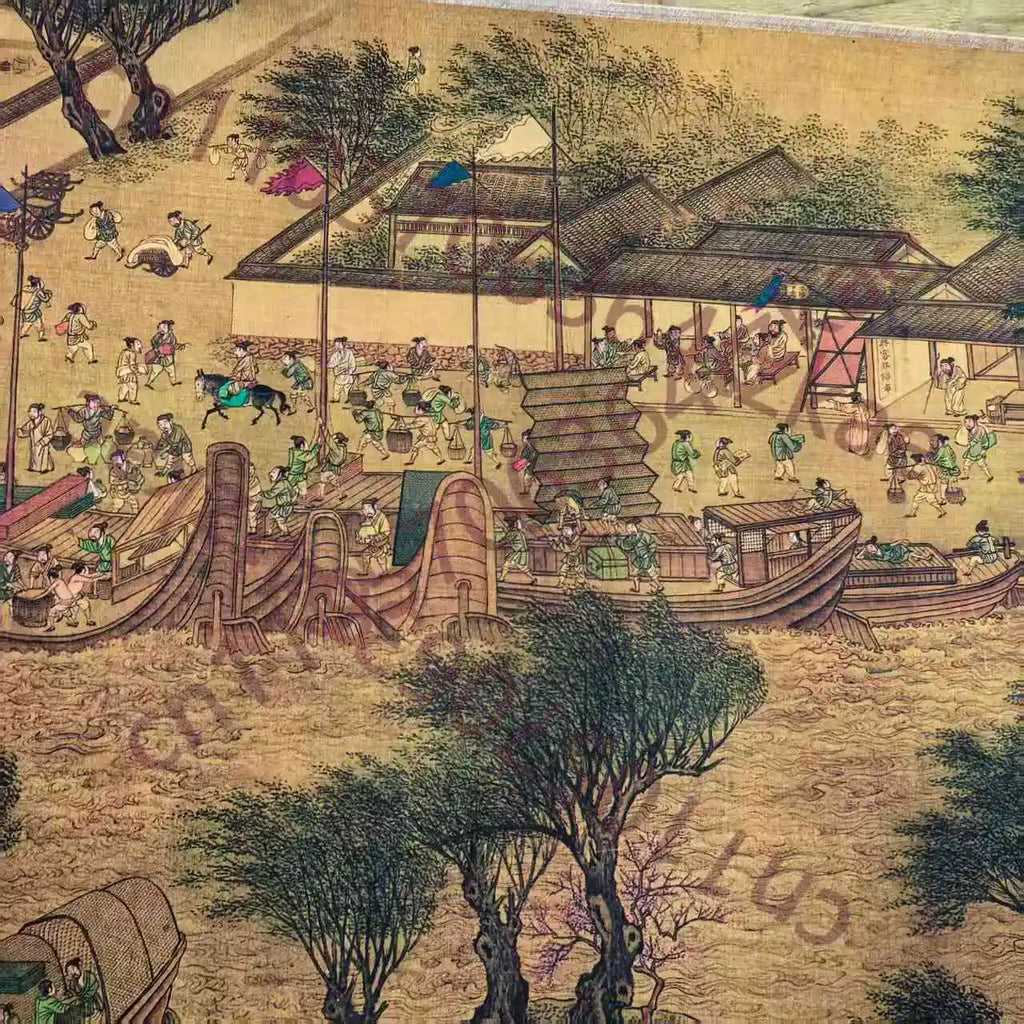 Chinese Old Picture Paper "Riverside Scene at Qingming Festival" Long Scroll Painting