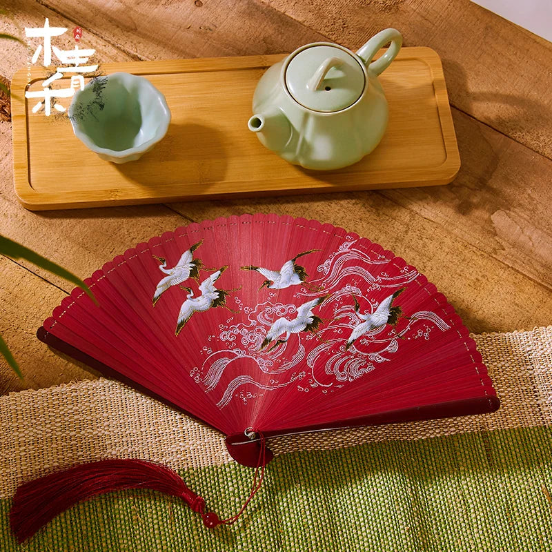 18cm Chinese style retro style all bamboo crane dark green big red bronzing folding fan portable cheongsam dance fan