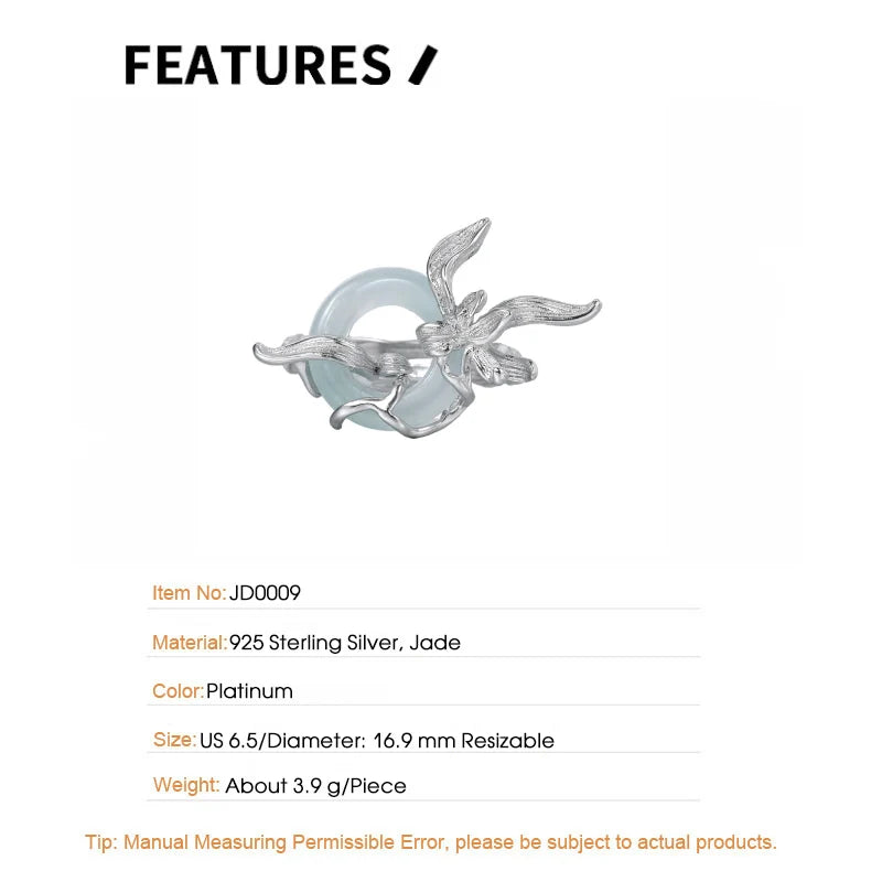 Sterling Silver Orchid Round Jade Adjustable Ring