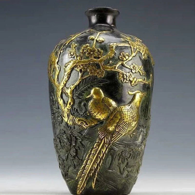 Gold‑Plated Copper Flower & Bird Vase – Chinese Vintage‑Style Decorative Pot (20 cm)