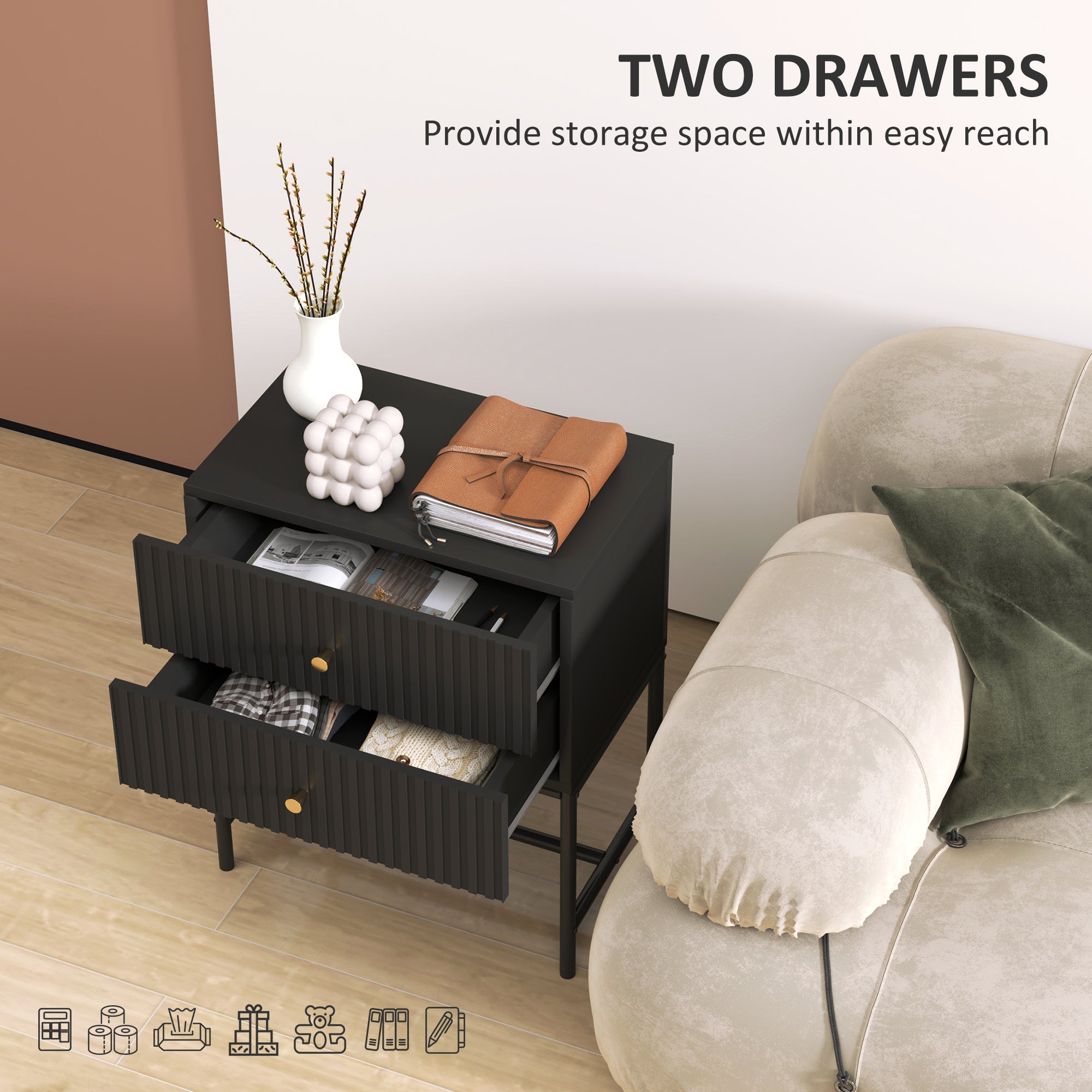 Elegant Two-Drawer Bedside or End Table - Black