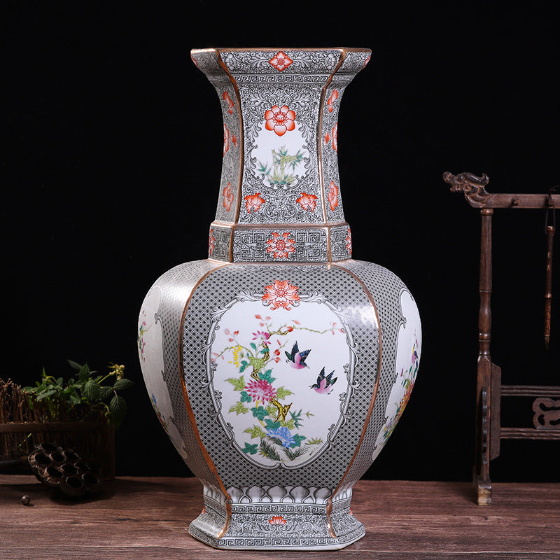 Hexagonal Enamel Porcelain Vase With Design Of Flowers And Birds