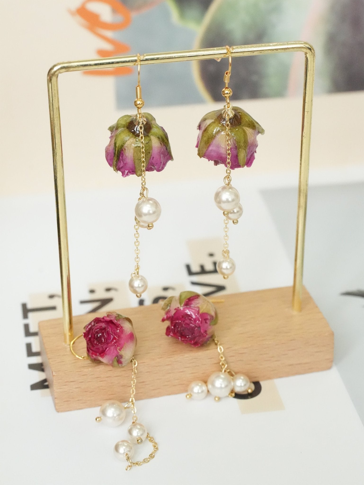 Real Rose Pearl Chain Earrings