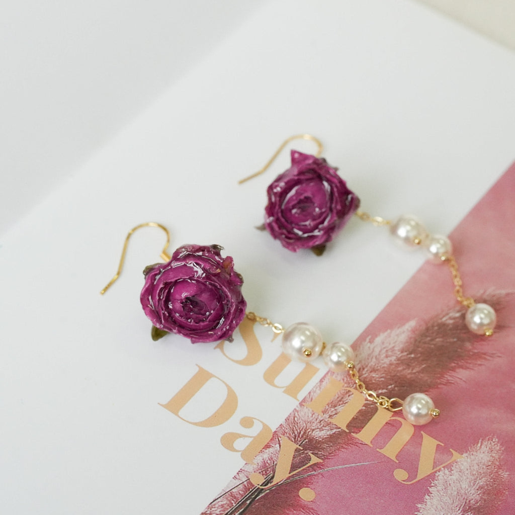Real Rose Pearl Chain Earrings