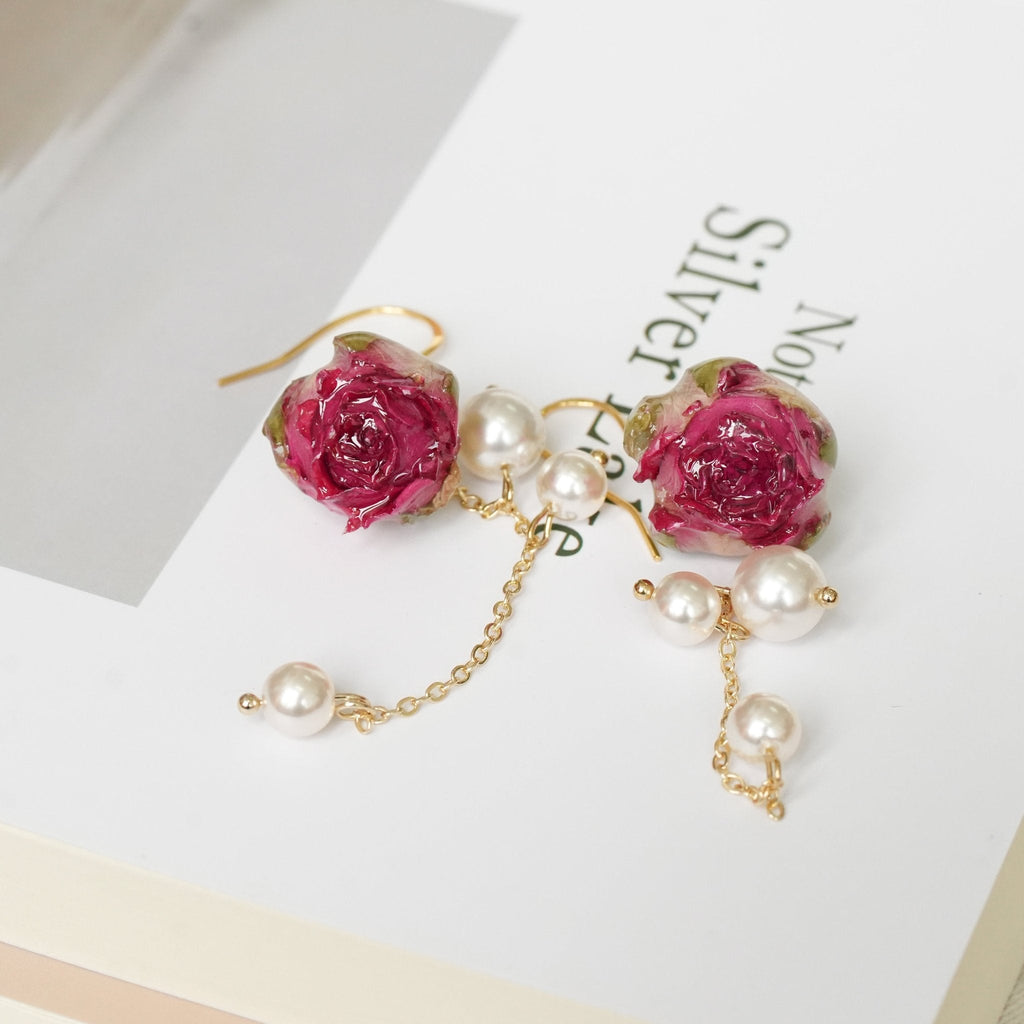 Real Rose Pearl Chain Earrings