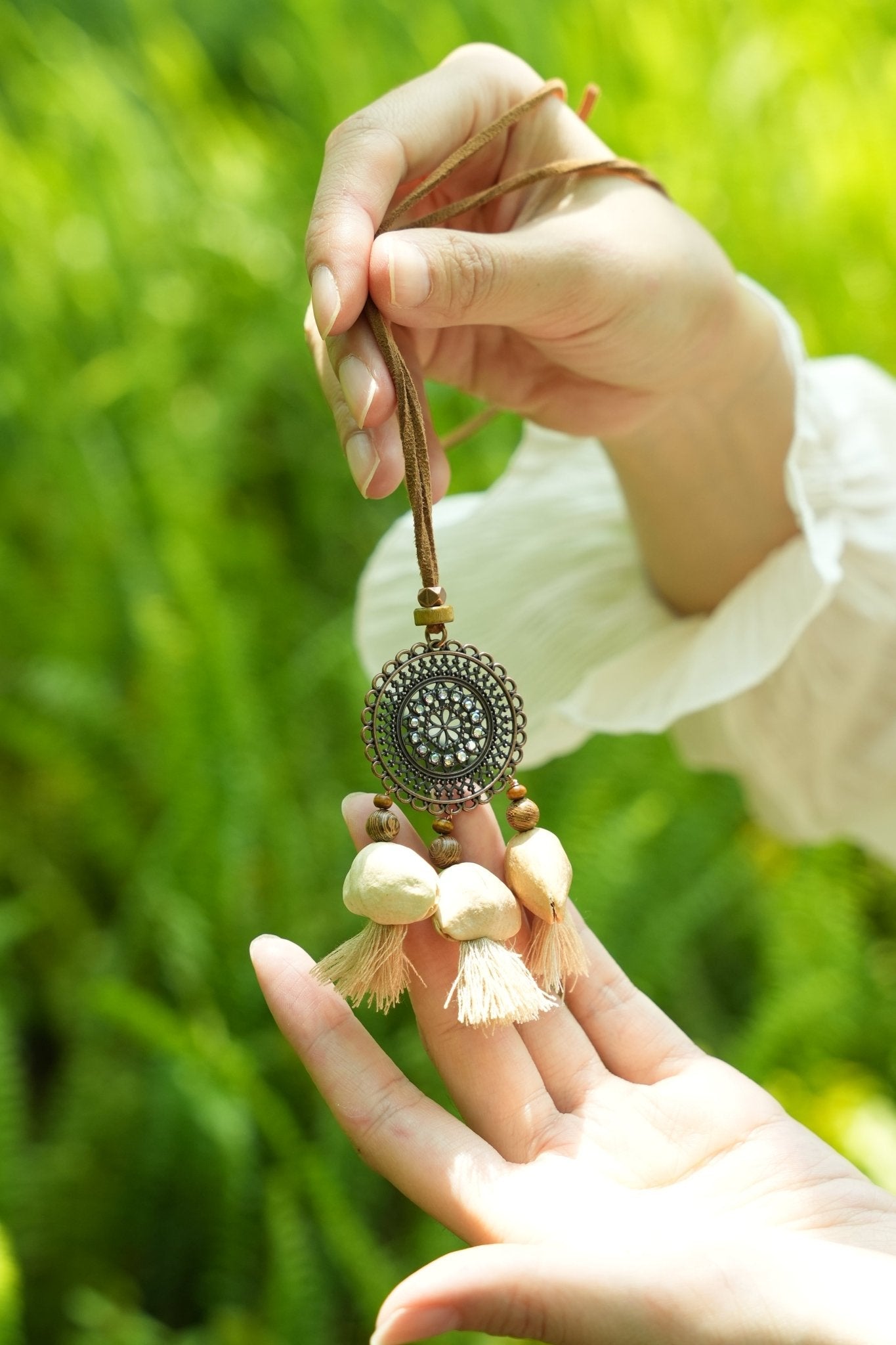 "Bohemian Mandala" Bronze Filigree Nut Necklace