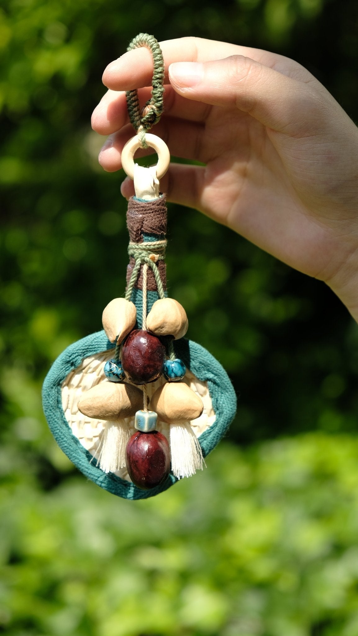 "The Gentle Breeze" - Handwoven Miniature Bamboo Fan & Nut Shell Charm