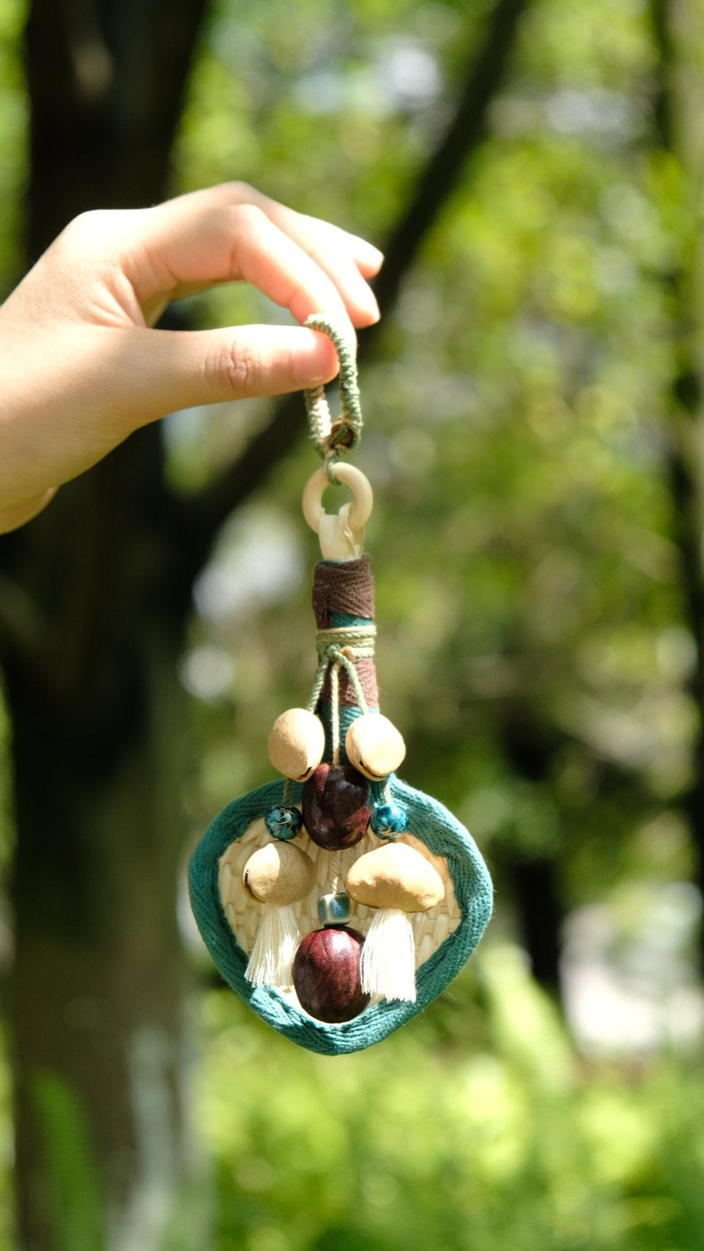 "The Gentle Breeze" - Handwoven Miniature Bamboo Fan & Nut Shell Charm