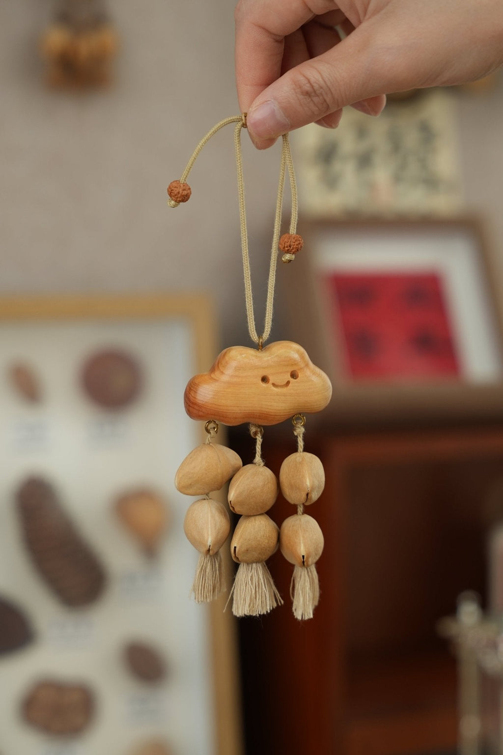 "Happy Cloud" Carved Wood Seed Mobile