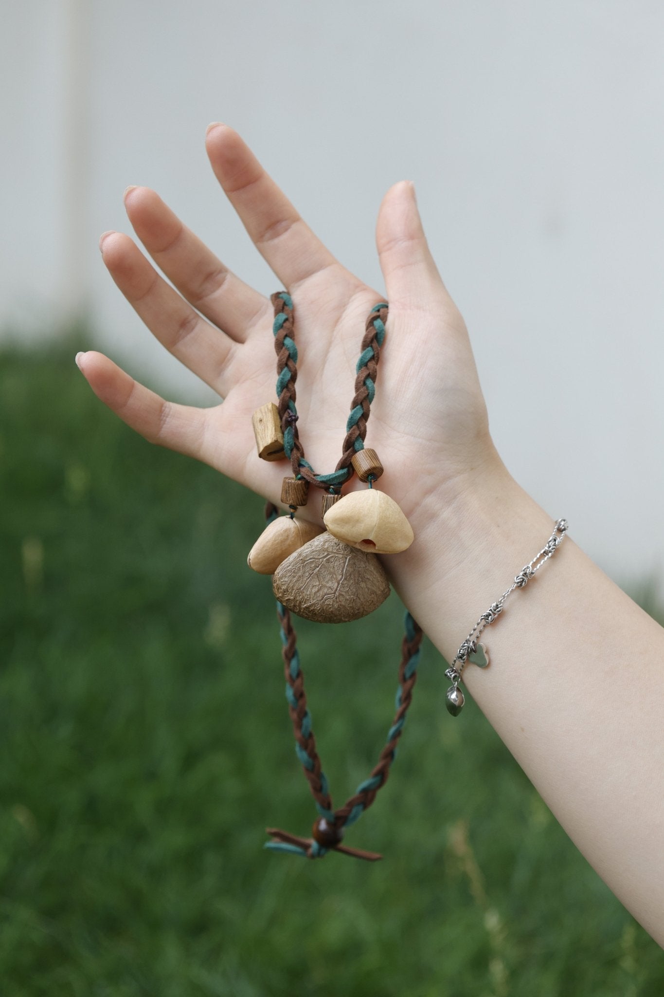 "The Woodland Braid" - Mixed Suede & Teal Cord Woven Necklace with Geometric Wood Beads