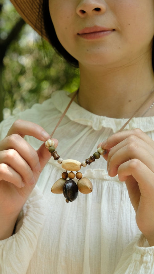 "Woodland Echo" Seed＆Wood Bead Necklace
